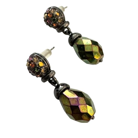 Vintage Pierced Dangling Earrings Iridescent Beads and Stones - Picture 1 of 5